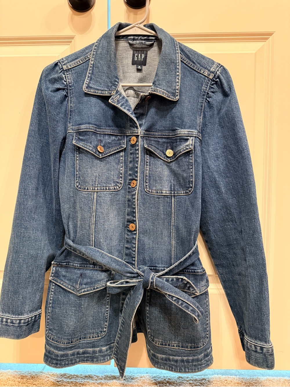 GAP Belted Denim Utility Jacket Puff Sleeve Size M